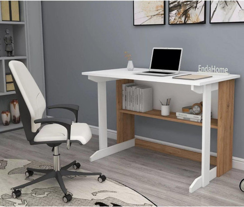 Home Enda Pillar Kütüphaneli Geniş Çalışma Masası 100x56 Cm Atlantik Çam - Beyaz