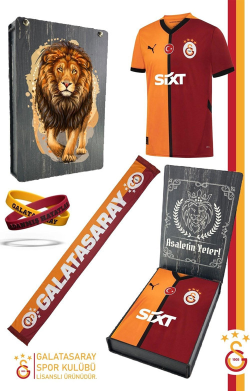 Orijinal 24/25 Parçalı Forma Spor Bileklik ve Gs Şal Set Aslan Baskılı Hediyelik Kutulu