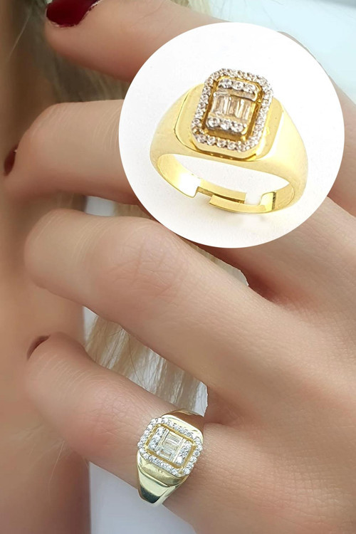 baget Zirkon Taşlı 925ayar Gümüş Üzerine Altın Kaplama Luxury Tasarım Ayarlanabilir Şovalye Yüzük