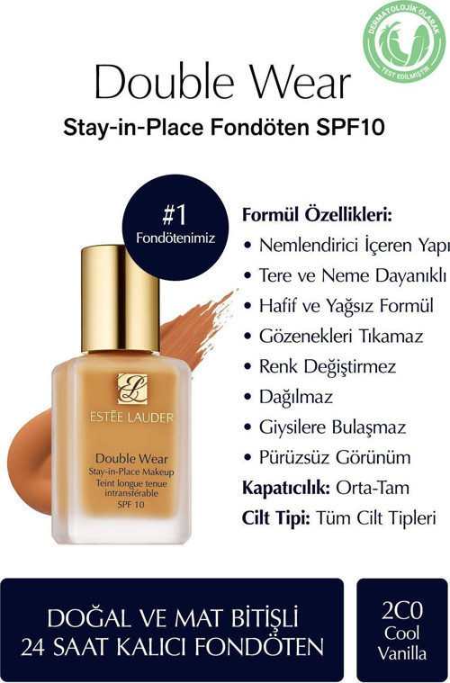 Doğal Ve Mat Bitişli - Double Wear Stay-İn-Place Fondöten Spf 10 ( 2C0 Cool Vanilla ) - 30 Ml