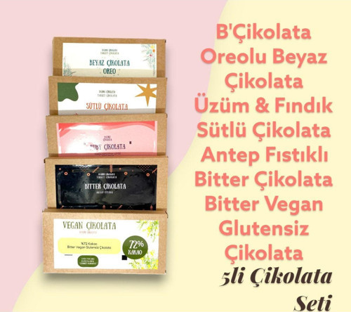 5'Li Tablet Çikolata Seti / Oreolu Kuru Çilekli Fındıklı Antep Fıstıklı Vegan