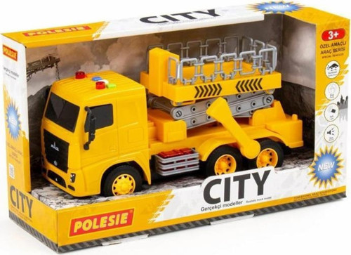 96289 Cıty Sürtmeli Makaslı Platform Aracı Işıklı Ve Sesli Sarı Kabin Kutuda - Polesie