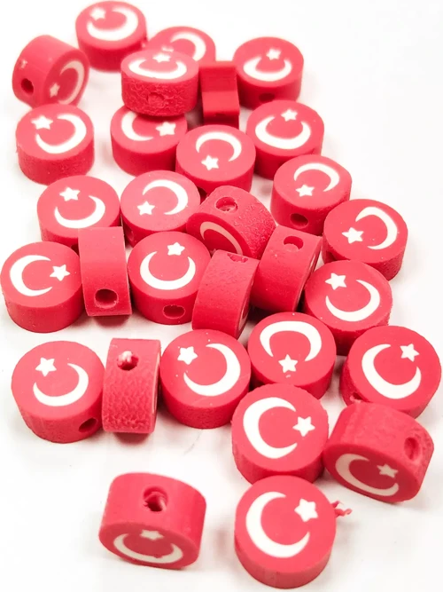 30 Adet 10 Mm Polimer Kil Fimo Boncuk Takı Bileklik + 1 Metre Lastikli Misina Hediye - Türk Bayrağı