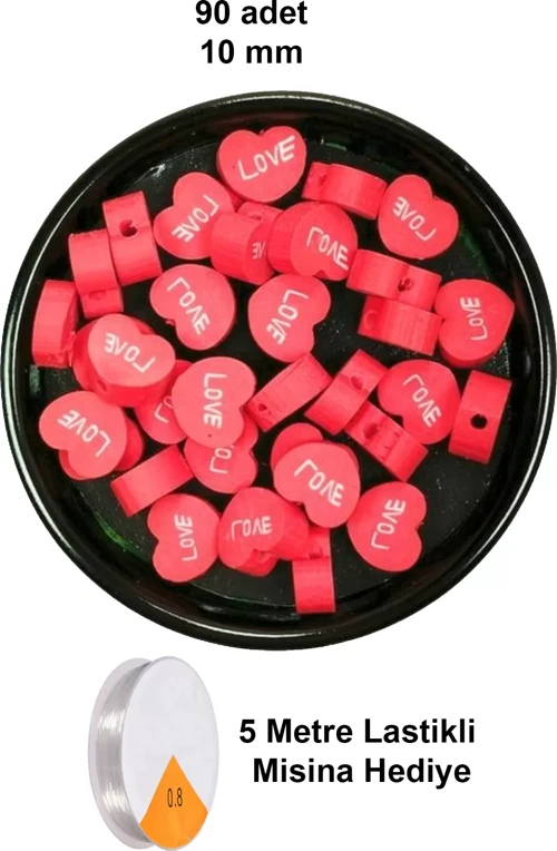 90 Adet 10 Mm Polimer Kil Fimo Boncuk Takı Bileklik + 5 Metre Lastikli Misina Hediye - Kalp Love