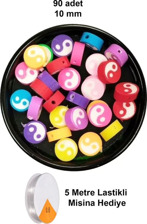 90 Adet 10 Mm Polimer Kil Fimo Boncuk Takı Bileklik + 5 Metre Lastikli Misina Hediye - Renkli Yin Yang