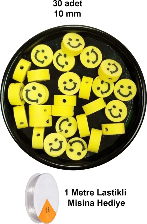 30 Adet 10 Mm Polimer Kil Fimo Boncuk Takı Bileklik + 1 Metre Lastikli Misina Hediye - Gülen Yüz Smile