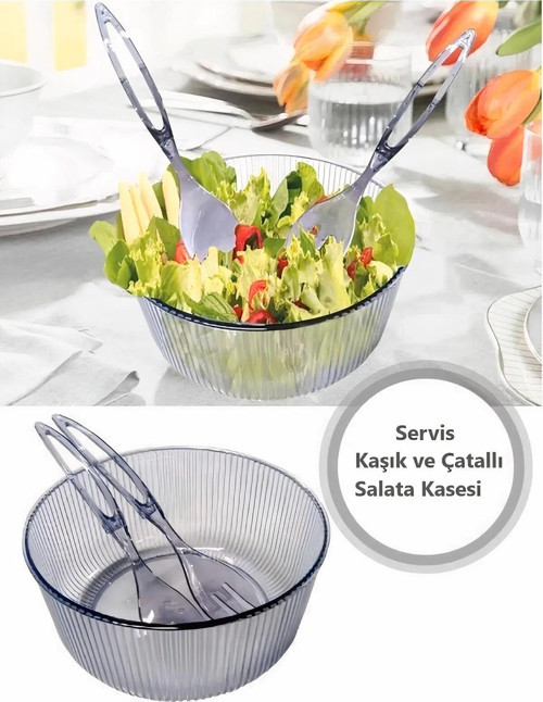 Akrilik, Yuvarlak, Servis Kaşığı Ve Çatallı Salata Kasesi Servis Sunum Tabağı 23 Cm
