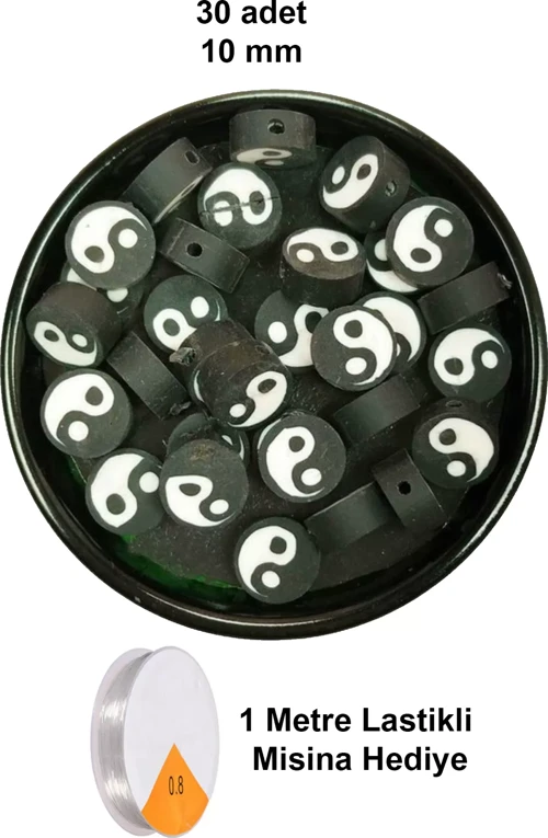 30 Adet 10 Mm Polimer Kil Fimo Boncuk Takı Bileklik + 1 Metre Lastikli Misina Hediye - Yin Yang