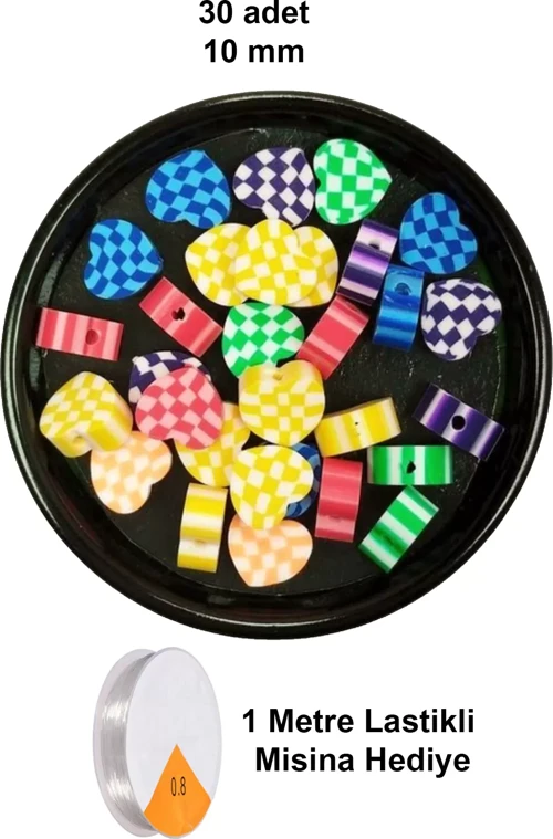 30 Adet 10 Mm Polimer Kil Fimo Boncuk Takı Bileklik + 1 Metre Lastikli Misina Hediye - Desenli Kalp