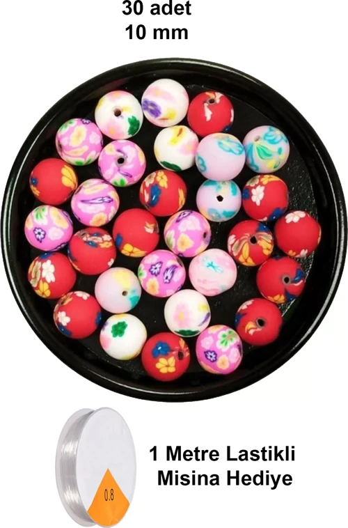 30 Adet 10 Mm Polimer Kil Fimo Boncuk Takı Bileklik + 1 Metre Lastikli Misina Hediye - Desenli Yuvarlak