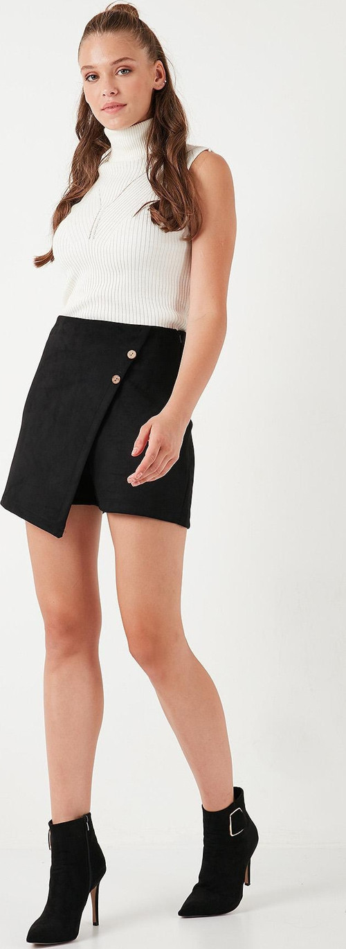 Asimetrik Kışlık Scuba Süet Düğme Detaylı Slim Fit Bayan Şort Etek 5865968 SİYAH