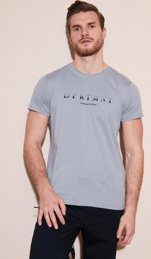 Baskılı Bisiklet Yaka Pamuklu Slim Fit Erkek T Shirt 541DPRTMNT24 AÇIK GRİ