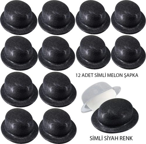 Siyah Renk Simli Melon Yuvarlak Parti Şapkası 12 Adet