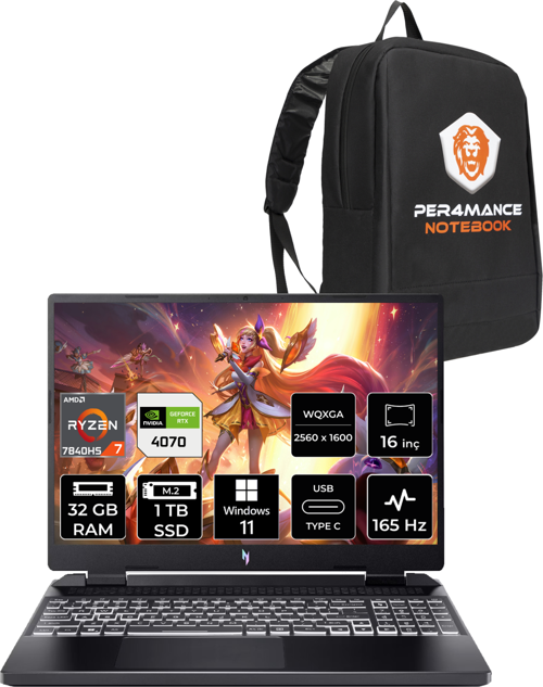 Nitro 16 R7 7840HS 32GB 1TB SSD RTX4070/8GB 165Hz WQXGA 16" W11H Gaming Laptop