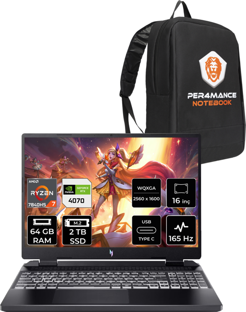 Nitro 16 R7 7840HS 64GB 2TB SSD RTX4070/8GB 165Hz WQXGA 16" FDOS Gaming Laptop