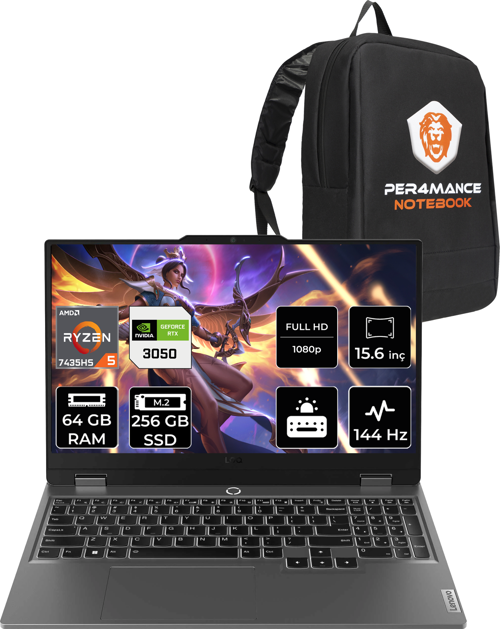LOQ R5 7235HS 64GB 256GB SSD RTX3050/6GB 95W 144Hz FHD 15.6" FDOS Gaming Laptop