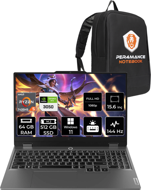 LOQ R5 7235HS 64GB 512GB SSD RTX3050/6GB 95W 144Hz FHD 15.6" W11P Gaming Laptop