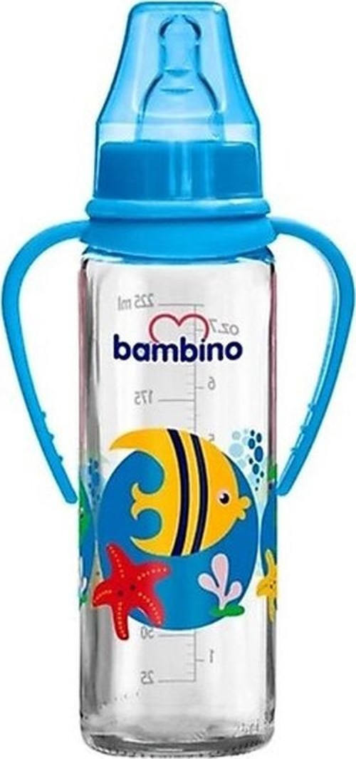 Kulplu Cam Biberon Kiraz Uçlu 225ml 0+ Ay - Mavi - Kuş