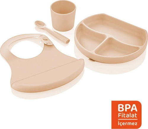 Silikon Beslenme Seti Ekru - Bpa Içermeyen Silikon Önlük & Tabak & Bardak & Kaşık