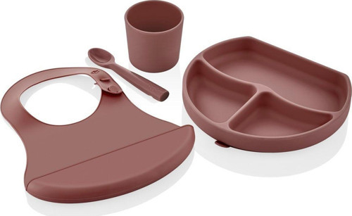 Silikon Beslenme Seti Mocha - Silikon Önlük & Tabak & Bardak & Kaşık - Bpa Free
