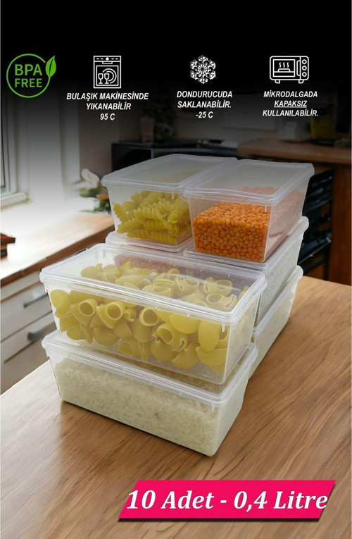 Plastik Kendinden Kilitli- Kapaklı Saklama Kabı Gıda&Yemek&Derin Dondurucu 0.4 Litre 10 Adet