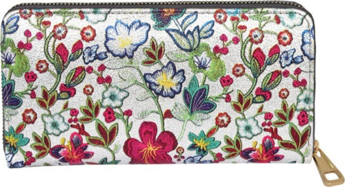 Barsecollection Fermuarlı Çiçek Desenli Altın Beyaz Kadın Cüzdanı