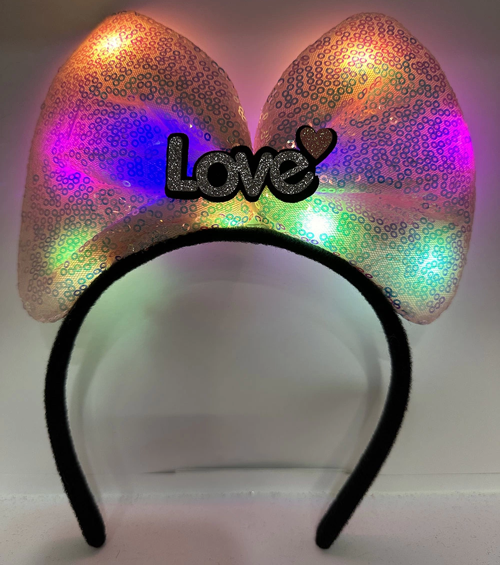 Led Işıklı 3 Farklı Fonksiyonda Yanan Gümüş Love Yazılı Toz Pembe Fiyonk Taç 20x17 Cm