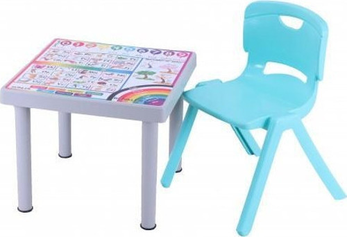 Plastik Mandella Rubi İngilizce Desenli Çocuk Masası 1 Adet Nova Orta Çocuk Koltuk Turkuaz