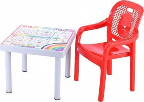 Plastik Mandella Rubi İngilizce Desenli Çocuk Masası 1 Adet Rubi Çocuk Koltuk Kırmızı