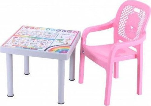 Plastik Mandella Rubi Türkçe Desenli Çocuk Masası 1 Adet Rubi Çocuk Koltuk Pembe