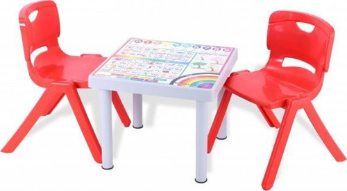 Plastik Mandella Rubi İngilizce Desenli Çocuk Masası 2 Adet Nova Büyük Çocuk Koltuk Kırmızı