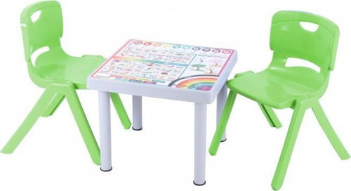 Plastik Mandella Rubi İngilizce Desenli Çocuk Masası 2 Adet Nova Büyük Çocuk Koltuk Yeşil