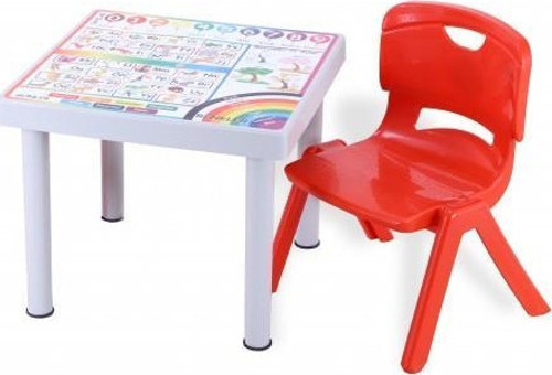 Plastik Mandella Rubi İngilizce Desenli Çocuk Masası 1 Adet Nova Orta Çocuk Koltuk Kırmızı