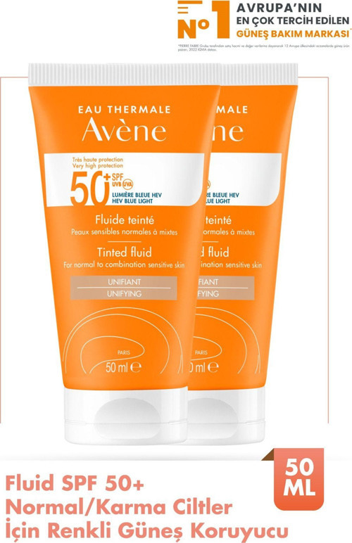 Tinted Fluid Spf 50+ Normal Veya Karma Ciltler İçin Renkli Yüksek Korumalı Güneş Kremi 50 Ml 2 Adet