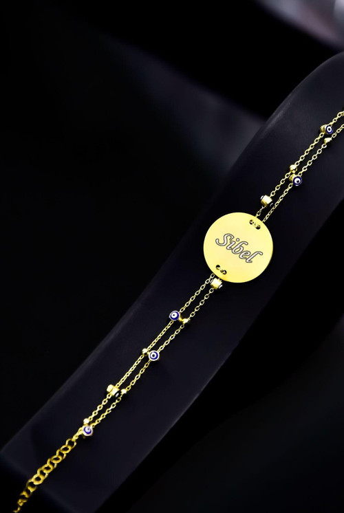 925 Ayar Gümüş Gold Kaplama Nazar Mineli Zincir Isimli Plaka Bileklik