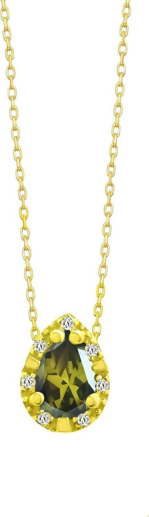 925 Ayar Gümüş Gold Kaplama Ortası Zirkon Doğum Taşlı , 0,08 Karat Pırlanta Çerçeveli Damla Kolye