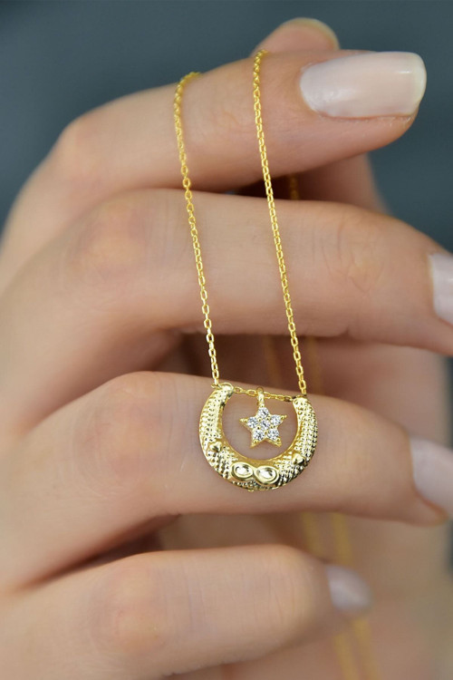925 Ayar Gümüş Gold Kaplama Yıldız Sonsuzluk Detaylı Hilal Kolye