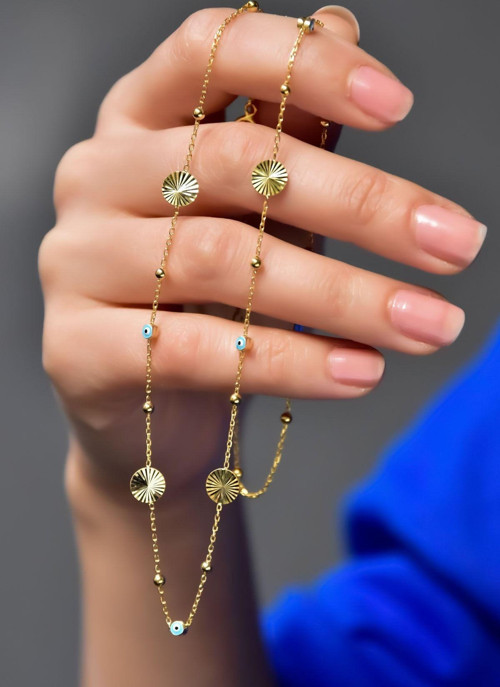 925 Ayar Gümüş Gold Kaplama Kalemli Yuvarlak Kesim Firuze Mineli Top Zincir Kolye