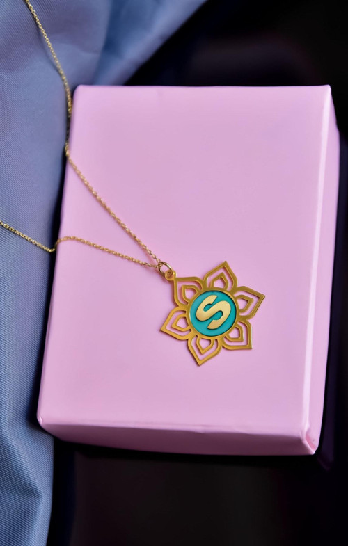 925 Ayar Gümüş Gold Kaplama Rüya Serici Cam Boyalı Karma Lotus, Sunflower, Harf Kolye