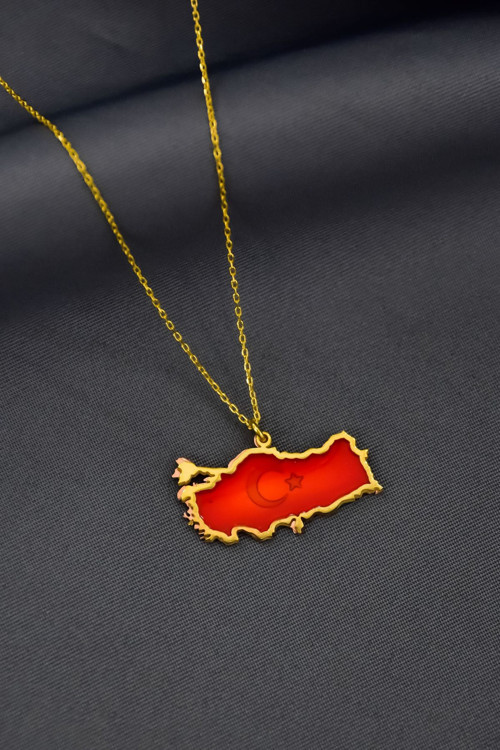 925 Ayar Gümüş Gold-Rose Kaplama Rüya Serisi Cam Boyalı Ayyıldız Türkiye Haritası Kolye