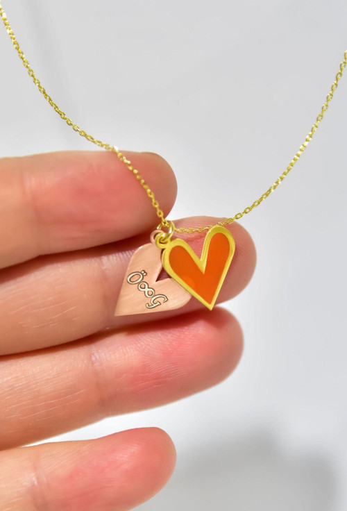 925 Ayar Gümüş Gold-Rose Kaplama Rüya Serisi Cam Boyalı İsimli Keskin Kalp Kolye
