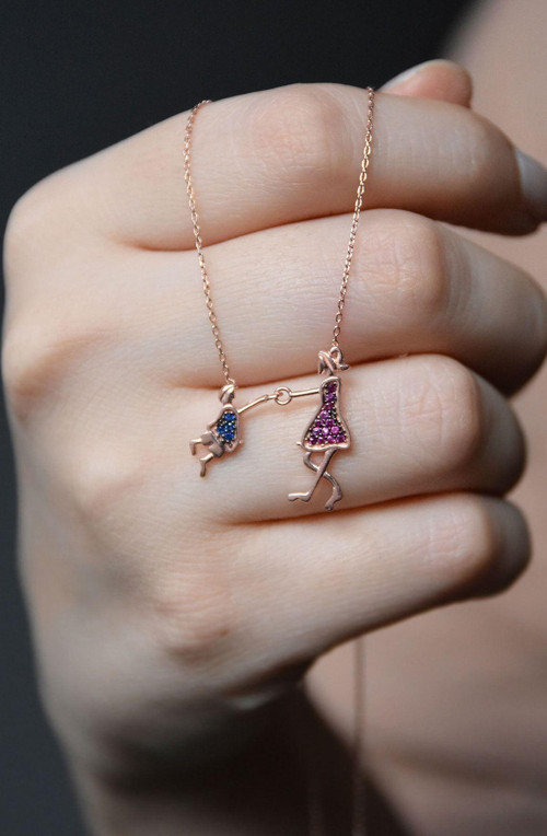 925 Ayar Kadın Anne Ve Erkek Çocuk Model Rose Kaplama Gümüş Kolye
