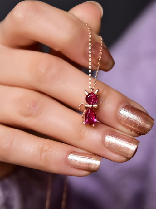 925 Ayar Gümüş Rose Kaplama Temmuz Ayı Doğum Taşlı Kedi Kolye