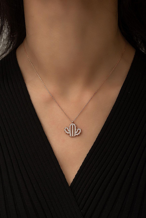 Kaktüs Kolye Nano Zikon Taşlı Rose Gold Kaplama 925 Ayar Gümüş Kolye - Uvps100433