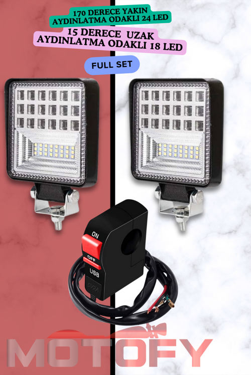 42 LED COMBO AYDINLATMA MOTOSİKLET SİS FARI TAKIMI + USB'Lİ BUTON