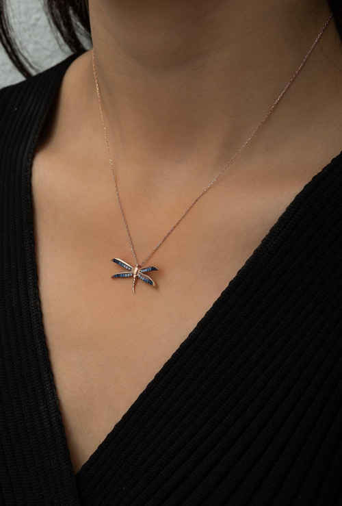 Yusufçuk Kolye Renkli Taşlı Rose Gold Kaplama 925 Ayar Gümüş, Uvps100495