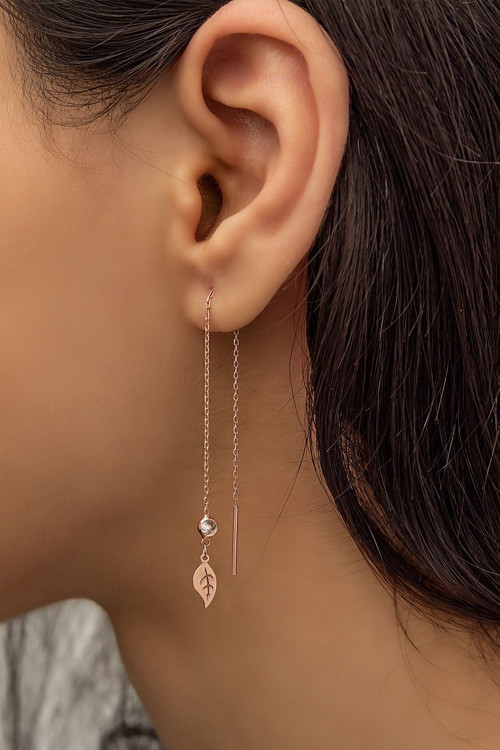 Sallantılı Tekli Yaprak Küpe Nano Zirkon ;Taşlı Rose Gold Kaplama 925 Ayar Gümüş Küpe