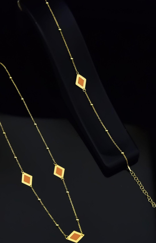 925 Ayar Gümüş Gold Kaplama Rüya Serisi Ebruli Cam Boyalı Dörtgen Kolye, Bileklik Ve Küpe Set