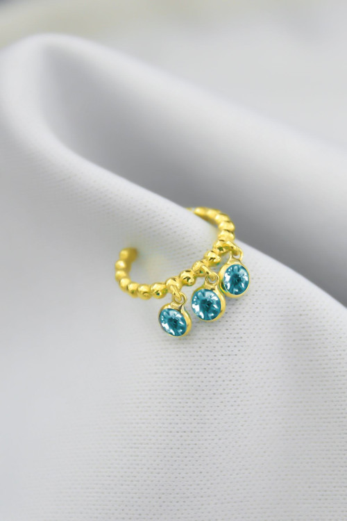 925 Ayar Gümüş Altın Kaplama Mavi Taşlı Kıkırdak Küpe