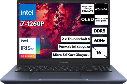 ExpertBook B5 i7-1260P 16GB 512 GB SSD 16" OLED WQUXGA Freedos Dizüstü Bilgisayar B5602CBA-i7126016512DS BT2